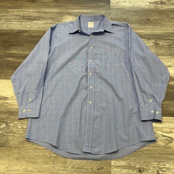 Brooks‎ Brothers 346 Blue White Mens 17 Glen Plaid Non Iron Button Down Shirt - Picture 2 of 7
